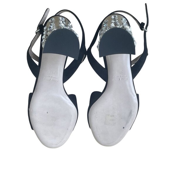 Miu Miu Black Suede Heels With Rhinestone Detail & Crystal Studded Block Heel Wo - Picture 7 of 10